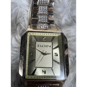 Elgin Rectangular Quartz Watch Gold Tone Crystal Bracelet Japan Movt FG754ST